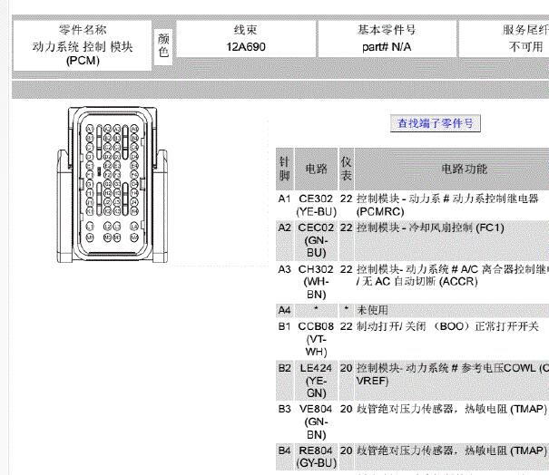 2015年福特福睿斯发动机针脚资料