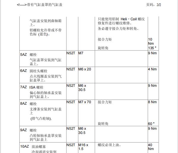 2012年宝马523Li 发动机气门和缸盖扭矩