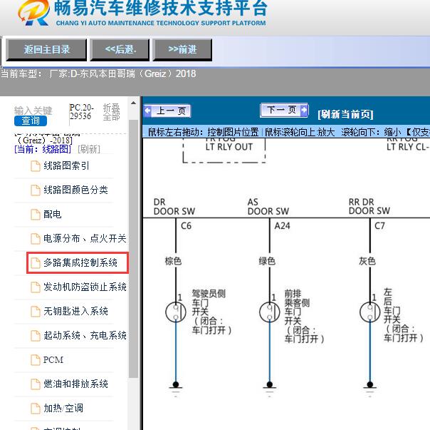 2018年东风本田-哥瑞（Greiz）门锁控制电路图