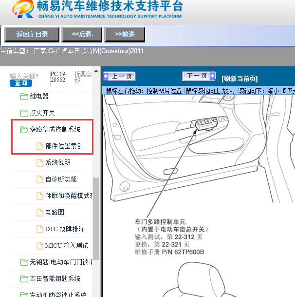 2011年广汽本田-歌诗图(Crosstour)车门多路控制单元位置