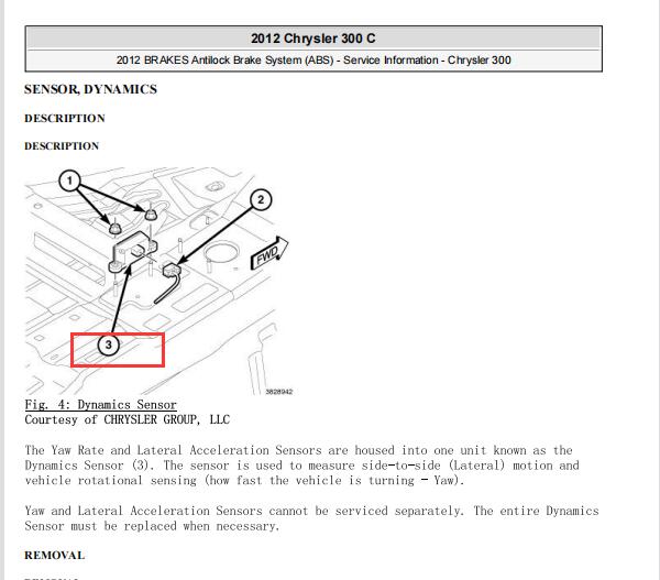 2012年克莱斯勒300C ABS动态加速度传感器位置