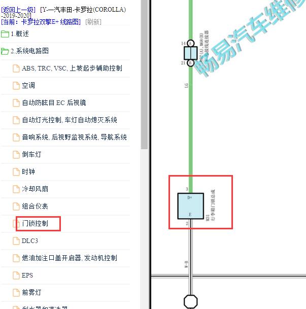 2019年丰田卡罗拉尾门锁电路图
