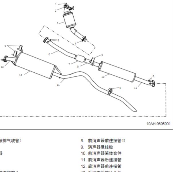 2013-2014年五菱宏光S发动机排气系统部件位置