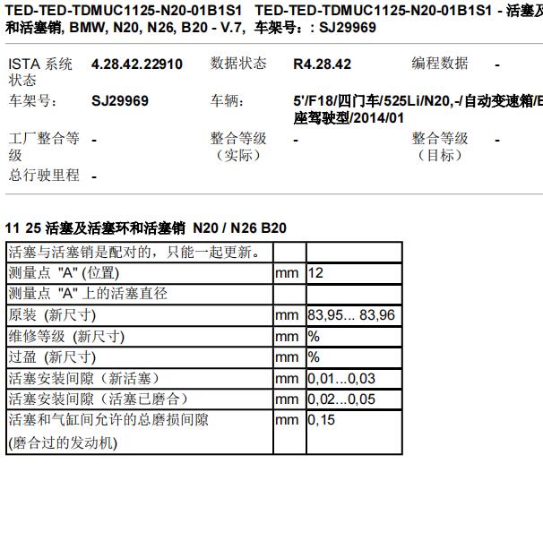 2014年宝马525li发动机大修扭矩及活塞环间隙