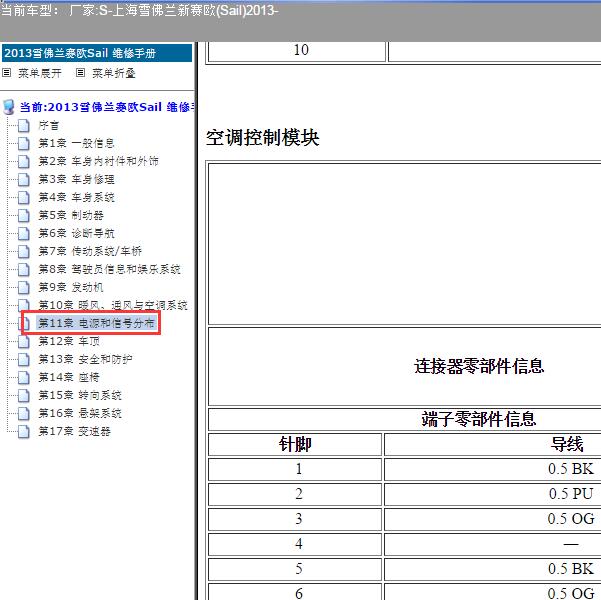 2013年雪佛兰赛欧空调针脚资料