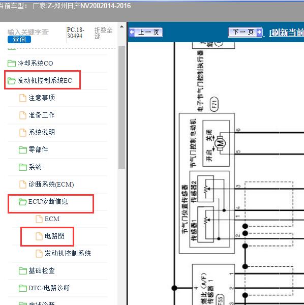 2014-2016年郑州日产-NV200 发动机节气门电路图