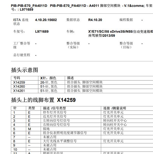 2013年宝马X5脚步空间模块针脚定义.