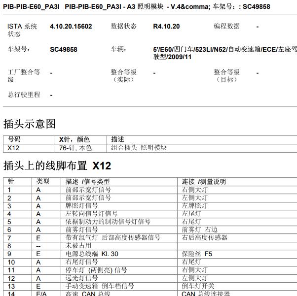 2009年宝马523灯光模块针脚定义