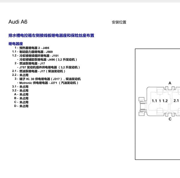 2005年奥迪A6冷却风扇继电器位置