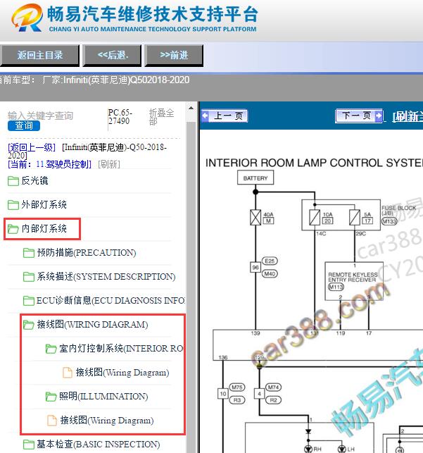 2018-2020年英菲尼迪Q50室内灯电路图