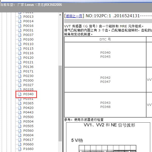 2006年Lexus（凌志-雷克萨斯)-RX350 P0340故障码资料