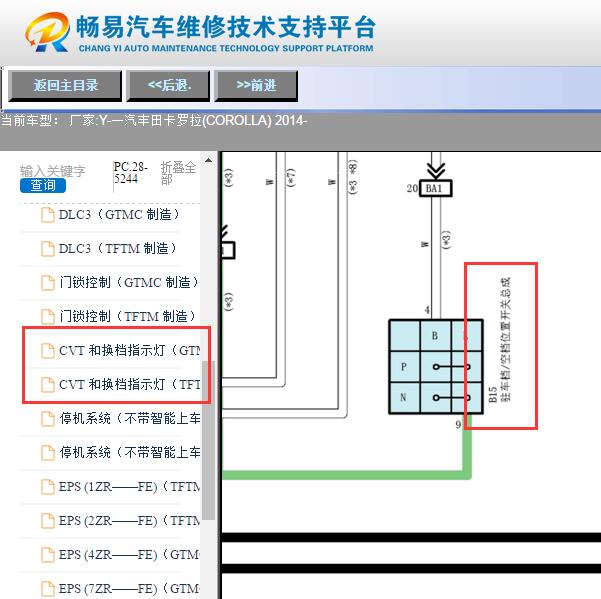 2014年丰田卡罗拉变速箱与挂挡机构电路图