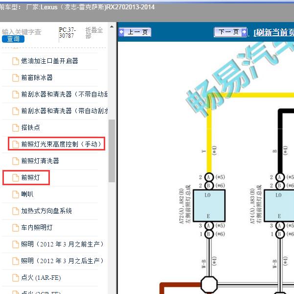 2013-2014年Lexus（凌志-雷克萨斯)-RX270 大灯和大灯水平调节电路图
