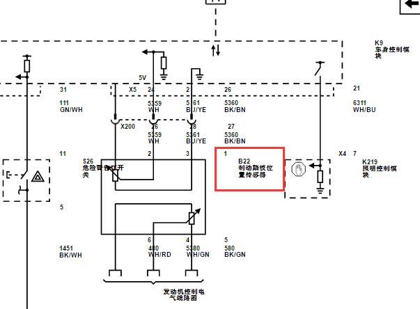 2020年凯迪拉克CT5刹车灯开关到车身电脑电路图