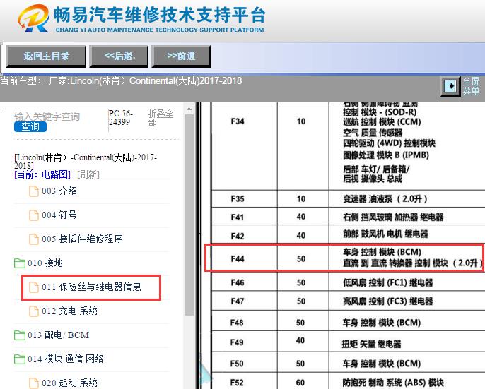 2017-2018年林肯大陆机舱保险盒F44号保险丝说明