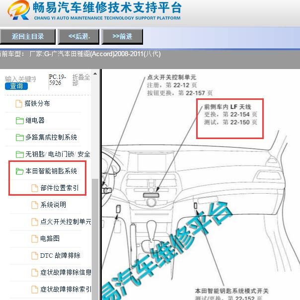 2008-2011年本田雅阁前端内部LF天线位置图