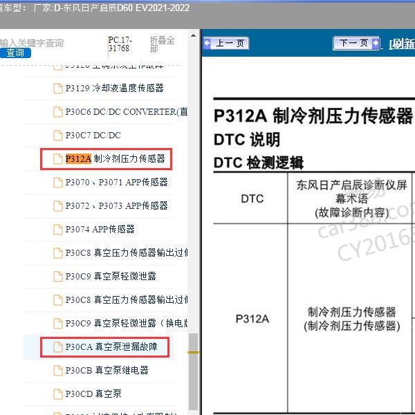 2021-2022年东风日产-启辰D60 EV P30CA P312A故障码资料