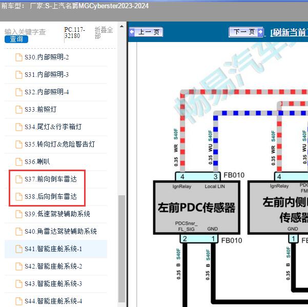 2023-2024年上汽名爵MG-Cyberster 倒车雷达电路图