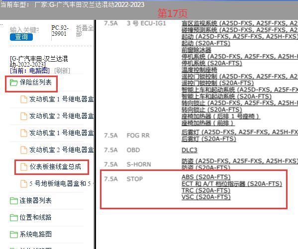 2022年丰田汉兰达混动 STOP 7.5A保险丝说明