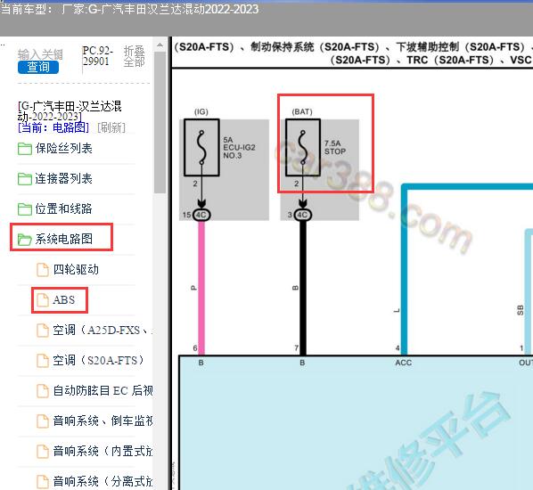 2022年丰田汉兰达混动ABS电路图