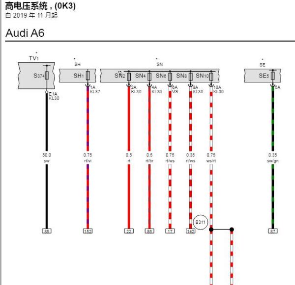 2020年奥迪A6高电压系统电路图和位置