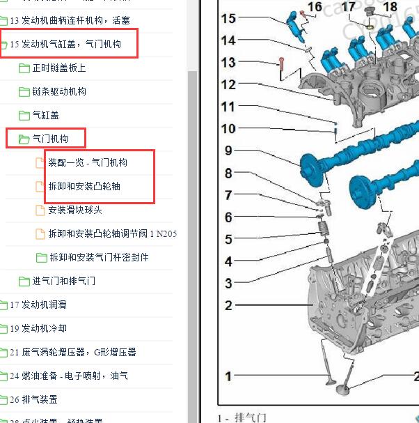 2013-2015年奥迪Q5 CADA发动机凸轮轴零部件位置