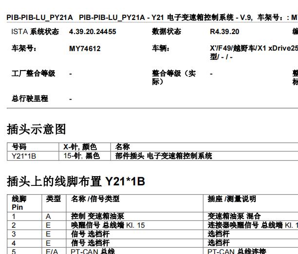 2021年宝马X1变速箱电脑针脚资料