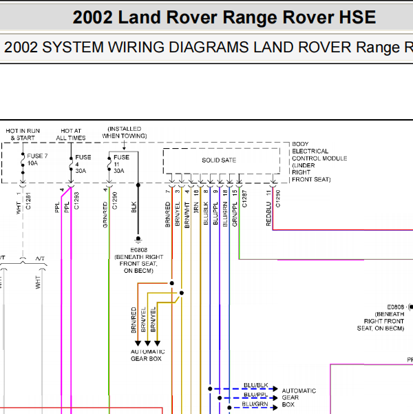 2002年路虎揽胜四驱电路图位置和针脚资料