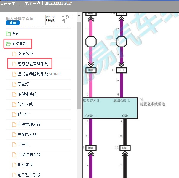 2023-2024年一汽丰田-bZ3 毫米波雷达电路图