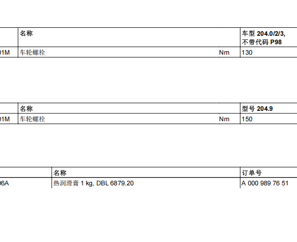 2013年奔驰GLK300 轮胎和刹车扭矩资料