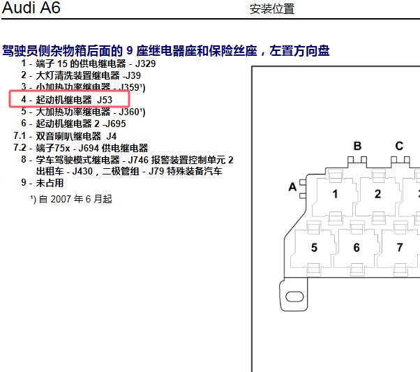 2011年奥迪A6L起动继电器电路图和位置
