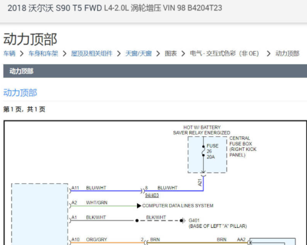 2018年沃尔沃S90天窗和通讯电路图资料