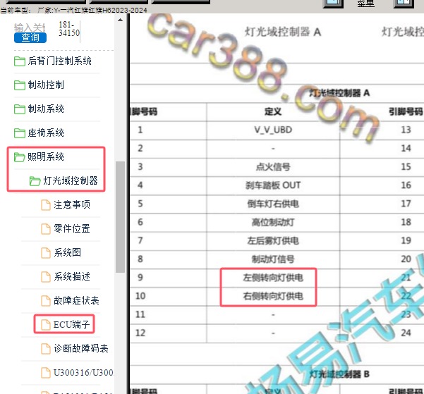 2023年一汽红旗H6灯光域控制器针脚资料