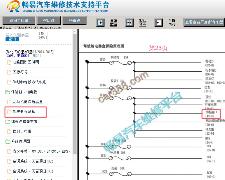 2014-2015年北汽幻速S3 OBD诊断接口保险丝电路图