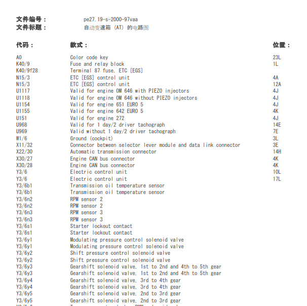 2004年奔驰唯雅诺变速箱电源通讯电路图